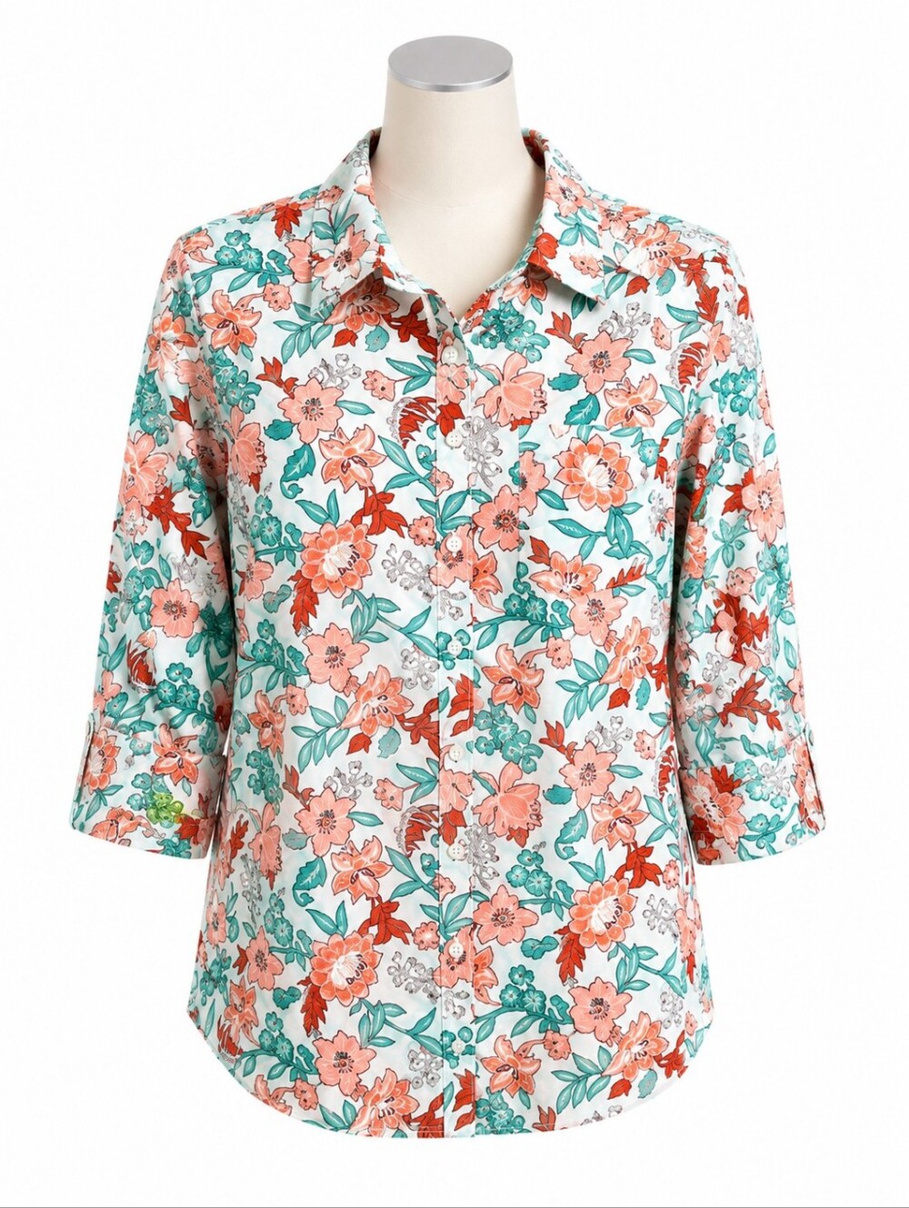 Lands' End Women's Colorful Floral No Iron Supima Cotton Button Down Shirt Sz 10